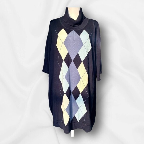 Womens Argyle Turtleneck Navy Sweater Short Sleeves - 4X - Careerwear, Preppy - Picture 2 of 9